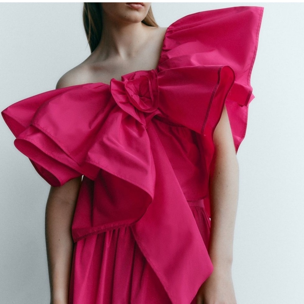 ZARA RUFFLE ROSE  ASYMMETRICAL ONE SHOULDER VOLUMINOUS TOP BARBIE FUCHSIA PINK